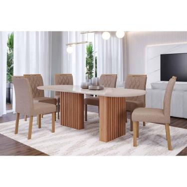 Imagem de Sala de Jantar Completa Ester Tampo Madeirado Oval c/ Vidro 210x100cm e 6 Cadeiras Juliana Cinamomo/Off White - Carvalho/Linho Bege - Cimol
