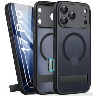 Imagem de BXYJY Capa magnética para iPhone 17 Pro com suporte, 2 películas de vidro, controle de câmera, compatível com MagSafe, proteção de lentes, grau militar, capa fosca translúcida para iPhone 17 Pro