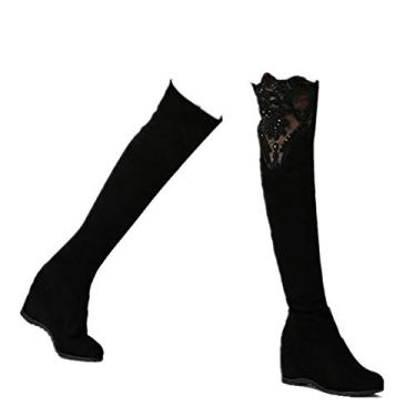 Imagem de Bigfanshu Botas femininas elásticas Flock Slim Over The Knee para outono e inverno com renda na coxa e salto alto, Preto, 34 BR