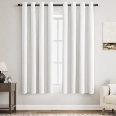 Imagem de Cortinas de linho 100% blecaute branco bege 150 cm de comprimento para sala de estar com ilhós, cortina preta texturizada, isolamento térmico, cortinas bloqueadoras de economia de energia para quarto