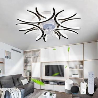 Imagem de Luzes De Ventilador De Teto Led Quarto Controle Remoto Luz De Teto Silenciosa Com Ventilador Regulável Reversível 6 Velocidades Flush Mount Fan Light Smart Dc Larg, Black, APP+Remote Control+Alexa
