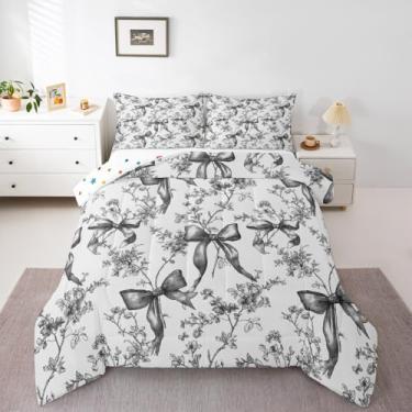 Imagem de jejeloiu Conjunto de cama com laço, macio, para meninos e meninas, tamanho solteiro, com laço, microfibra, jardim, flor, decoração de quarto, 2 peças com 1 fronha