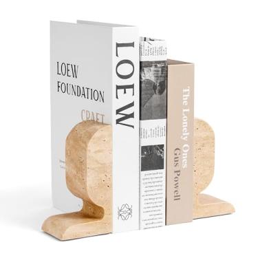Imagem de WORHE Suportes de livros de travertino decorativos, suportes de livros decorativos de mármore para prateleiras, extremidades de livros de pedra resistente para livros de capa dura e livros de receitas