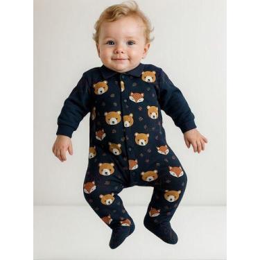 Imagem de Macacão Manga Longa Vira Pé Bebê Menino  Estampa Ursinho e Raposa RN a