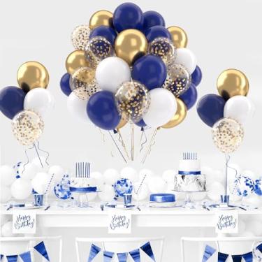 Imagem de Conjunto de balões azuis, 52 peças, azul profundo, dourado, branco e kit de balões de látex metálicos com glitter dourado para festa de aniversário, chá de bebê, casamento, aniversário, decoração de