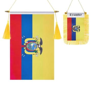 Imagem de Pacote com 2 bandeiras de parede do Equador, mini bandeira equatoriana pendurada na janela do carro, acabamento acetinado, tecido resistente, bandeiras patrióticas para decoração de espelho retrovisor