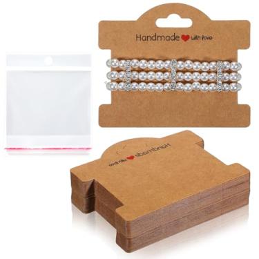 Imagem de Piriuuo 50 cartões de exibição de pulseira com sacos transparentes, embalagem de pulseira para pequenas empresas, cartão de exibição de joias feito à mão com etiquetas de joias do amor para vender