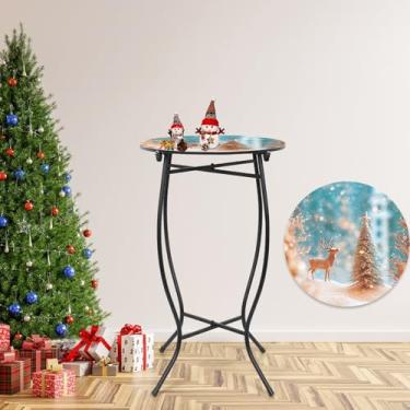 Imagem de Mesa lateral de pátio ao ar livre, mesa lateral de metal resistente ao clima de 35,5 cm, mesa de canto redonda pequena para pátio, quintal, varanda, jardim, cabeceira, planta, suporte para ambientes