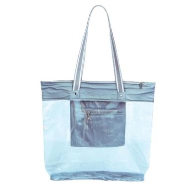 Imagem de Bolsa de Praia Transparente Grande com Zíper, Sacola de Piscina Transparente com Bolso Interno, à Prova de Areia, Viagem, Férias, Moda Verão, PVC - Cinza Listra