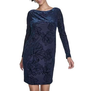 Imagem de Calvin Klein Vestido feminino manga longa gola canoa veludo burnout lateral franzido bainha, Índigo, 42