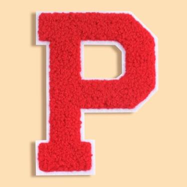 Imagem de QianSiLi Remendos de letras universitárias de chenille vermelho de 11 cm, letras grandes para jaquetas Letterman, moletons com capuz, mochilas, coletes, roupas, adesivos individuais de letra P