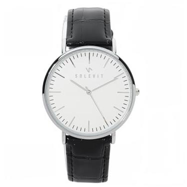 Imagem de Relógio Masculino Minimalista Solevit Essenza Classico Pulseira Couro Preta Caixa Prata 41mm Fundo Branco