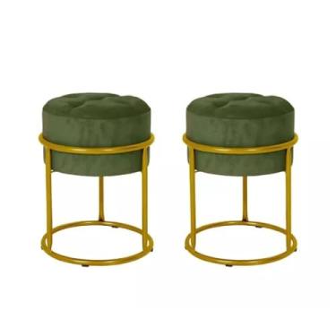 Imagem de Kit 2 Puff/Banquetas Redondas em Ferro – Confortáveis e Modernos, Ideais para Sala, Escritório, Penteadeira e Decoração (Verde Musgo)