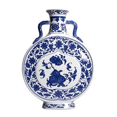 Imagem de Vaso de cerâmica retrô chinês com duas orelhas azul e branco vaso de porcelana grande de 11,8 polegadas vasos de grés pintados à mão para casa, sala de estar, mesa, vaso de flores, vasos de flores