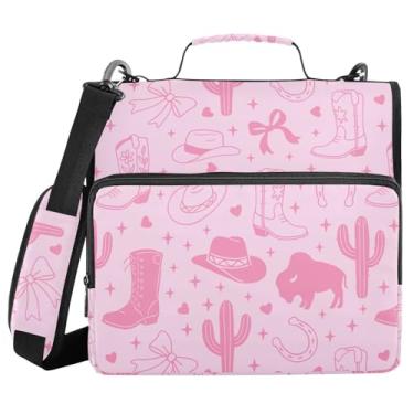 Imagem de Bolsa de fichário com zíper rosa com laço de cowboy ocidental, 3 anéis com alça de ombro, fichário com zíper, para laptop de 13 polegadas, organizador de documentos para mulheres e homens, portátil