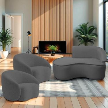 Imagem de Kit Divã Recamier Orgânico Marrocos 150cm Lado Esquerdo E 2 Poltronas Amore Linho Cinza Escuro