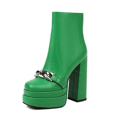 Imagem de Plataforma feminina Chelsea Mid Booties Chunky Block Toe Quadrado Motocicleta de Salto Alto Gótico com Corrente,Green,8 UK/41 EU