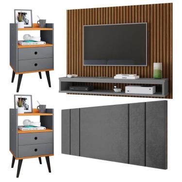 Imagem de Painel Ripado Freijó Tv 50 Polegadas Cissa Cabeceira Estofada Cama Box Casal Luana1,40 Kit 2 Mesinhas Quarto Gaveta Nicho Dream Cinza/Cinamomo– RPM