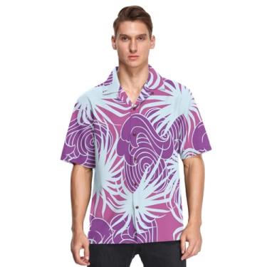 Imagem de GuoChe Camisetas masculinas havaianas de botão manga curta dia dos namorados azul violeta palmeiras ondas estampadas manga corta para, Dia dos Namorados Azul Violeta Palms Waves, 3G
