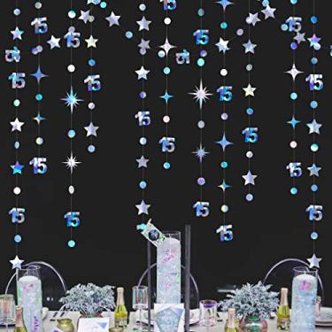 Imagem de Decorações iridescentes de aniversário de 15 anos, número 15, círculos, bolinhas, cintilantes, estrelas, faixa de fundo metálica para pendurar, para meninas, meninos, quinze anos de idade, aniversário, 15 anos de idade, artigos de decoração de festa