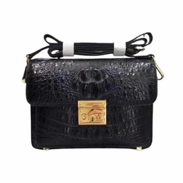 Imagem de Bolsa mensageiro feminina de couro de jacaré autêntica com pele de crocodilo genuína, bolsa de ombro feminina, Preto, 24cm(Length) x 18cm(Height) x 10cm(Deep)