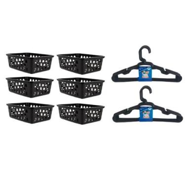 Imagem de Kit 6 Cestos Organizador 16x12x6Cm +10 Cabide Preto Infantil - 123 Org