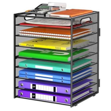 Imagem de Cawukege Organizador de papel de 9 camadas com alça, organizador de mesa de grande capacidade, pasta de arquivos de malha, bandeja de papel; classificador de documentos para sala de aula, escola e