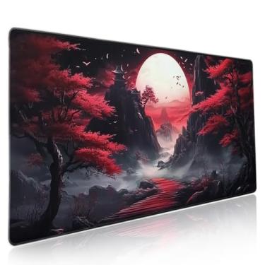 Imagem de Tapete de mouse japonês preto vermelho 2GG lua Sakura cerejeira florescente tapete de mesa estendido 90 x 40 cm base de borracha antiderrapante borda costurada grande mousepad para jogos, laptop,