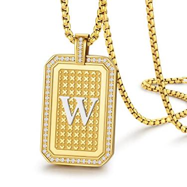 Imagem de Zillaly Colar com pingente de iniciais masculino feminino letras maiúsculas ouro 18K A-Z diamante corrente quadrada joias presentes para homens e mulheres meninos presentes de Natal para marido namorado filho presente de Natal, Aço inoxidável, Sem pedras preciosas