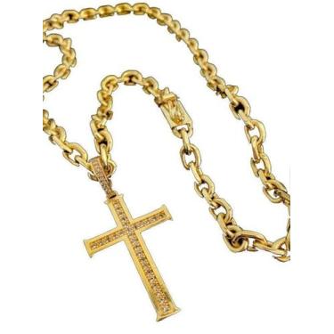 Imagem de Corrente Cadeado 8Mm + Pingente Crucifixo Banhado A Ouro 18K - Tojoia1