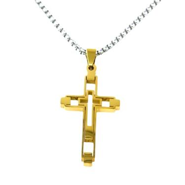 Imagem de Colar masculino com pingente de cruz dupla, aço inoxidável 316L, ouro e prata, corrente de 60 cm, Standard size, Aço inoxidável, Sem Pedra Preciosa