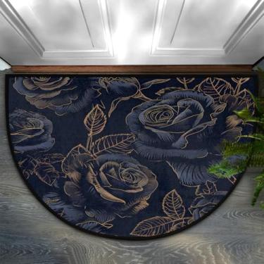 Imagem de FengQuGou Capacho meio redondo rosa flor flora azul lavável semicírculo tapete antiderrapante absorvente meia lua tapete de cozinha para interior externo banheiro pátio frente boas-vindas lareira