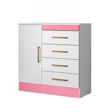 Imagem de Cômoda Montevidéu Flex 1 Porta 4 Gavetas Branca e Rosa