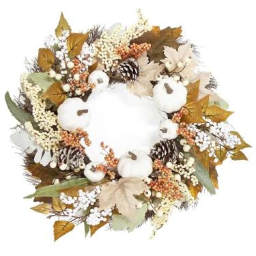 Imagem de Guirlanda de outono de 45,7 cm, folha de bordo, abóbora, pinha, baga, decoração para porta da frente para o Dia das Bruxas, guirlanda de porta de outono