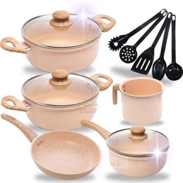 Imagem de Jogo de Panelas 10 Peças Indução Bege Preto com Vermelho Revestido em 