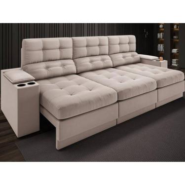 Imagem de Sofá com Porta Copos e Carregador USB Eureka 2,30m Assento Retrátil e Reclinável Velosuede Bege