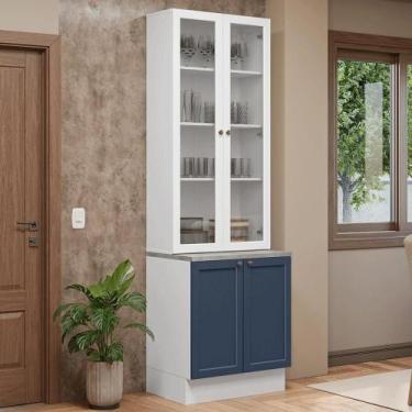 Imagem de Kit Balcão + Cristaleira 70Cm Vik Madesa Branco/azul/branco