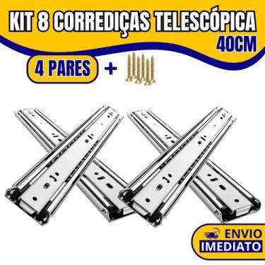 Imagem de Kit 8 Corrediça Telescópica Light 40cm Zincada H35 Trilha Para Gaveta 