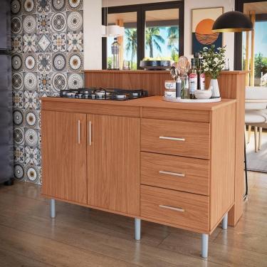 Imagem de Kit Bancada Ilha Para Cozinha + Balcão Para Cooktop 1,20m 5 Bocas 2 Portas E 3 Gavetas Turim Nature Nature