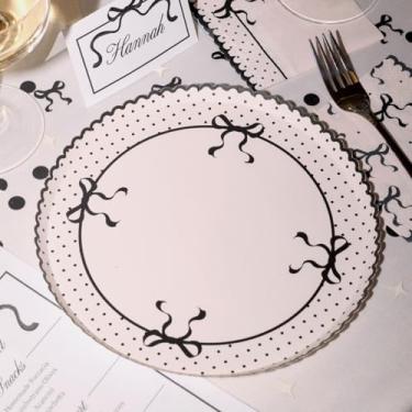 Imagem de xo, Fetti Pratos de papel com laço branco + preto | 25 peças de 23 cm | amarrar o nó de despedida de solteira, decorações de aniversário, ambiente de jantar coquete, decoração de chá de panela