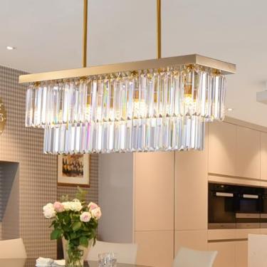 Imagem de Siljoy Lustre De Cristal Moderno De 8 Luzes Para Sala De Jantar, Lustre Retangular Dourado De Cristal Em Forma De Gota De Chuva De 2 Camadas, Luminária De Teto Pendente De Luxo Para Sala De Estar, I