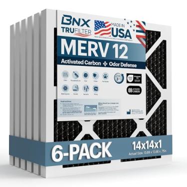 Imagem de BNX Filtro de ar TruFilter para forno CA 14 x 14 x 1 MERV 12 (pacote com 6) com carvão ativado – Feito nos EUA – Filtros plissados de ar condicionado HVAC AC – Remove odor, mofo, bactérias, fumaça