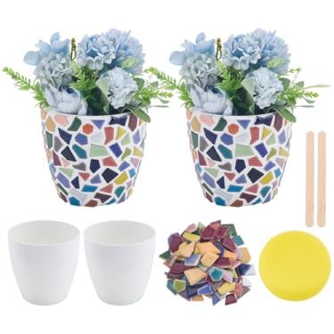 Imagem de WEBEEDY 2 conjuntos de kit de artesanato de arte em mosaico de vaso DIY com azulejo de mosaico colorido, ferramenta e instruções para adultos iniciantes, faça seus próprios vasos de plantas
