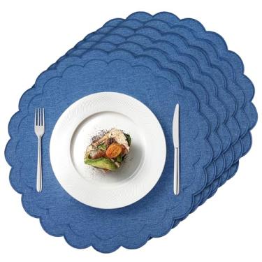 Imagem de Conjunto de 6 jogos americanos de linho de algodão, 38 x 38 cm, tapetes de mesa em tecido de camada dupla, lavável na máquina, sem rugas, para decoração de hotel, restaurante, cozinha, azul escuro