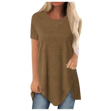 Imagem de Blusa feminina com botão sólido, gola 0, manga curta, irregular - HUOG