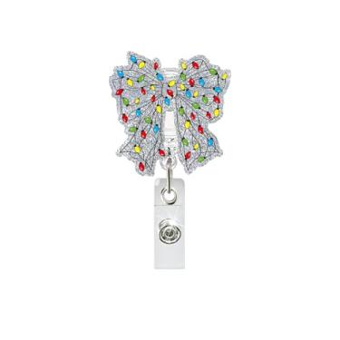 Imagem de Suporte de crachá de Natal, carretéis de crachá de Natal, clipe de identificação para enfermeiras, luzes coloridas, laço de glitter, prata, porta-crachás, acrílico, retrátil, clipe jacaré para médico