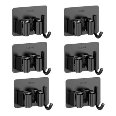 Imagem de AISHIKEKE Suporte de parede para esfregão e vassoura, pacote com 6, cabide de vassoura de aço inoxidável, organizador de ferramentas de jardim montado na parede para armário, garagem, lavanderia
