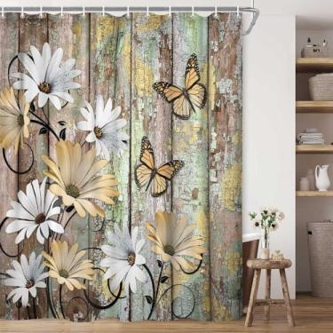 Imagem de JAWO Cortina de chuveiro floral Farmhouse, cortinas de chuveiro decorativas de tecido borboleta de flor amarela rústica para conjuntos de banheiro, cortina de planta campestre de madeira marrom