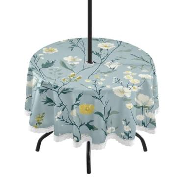 Imagem de CEBUGI Toalha de mesa redonda para uso ao ar livre, vintage, floral, impermeável, com furo Umberlla, capa de mesa lavável para pátio, cozinha, sala de jantar, 152 cm