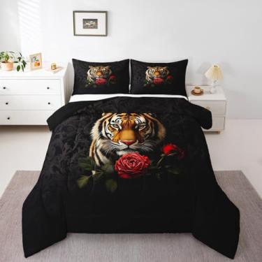 Imagem de Erosebridal Conjunto de edredom de tigre amarelo selvagem, animal selvagem, para crianças e adultos, rosa vermelha, macio, King, floral, vida selvagem, conjunto de colcha para decoração de quarto